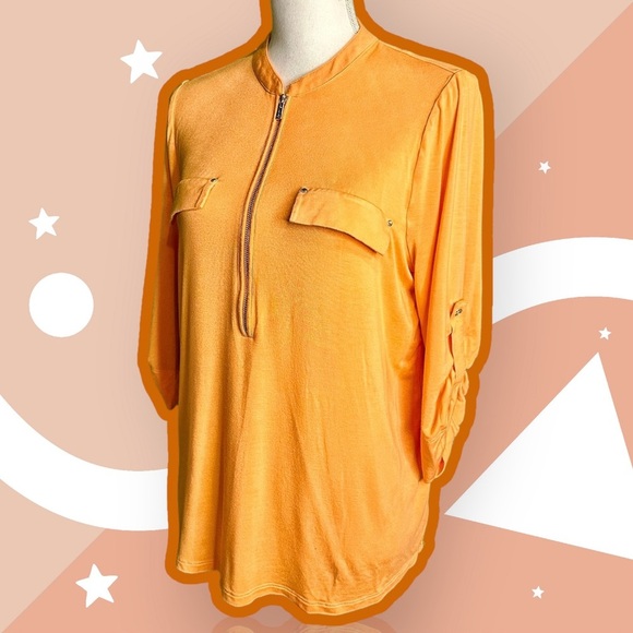 Calvin Klein Bright Orange Roll-Tab Sleeve 1/2 Zip Pocketed Top Size Medium - Picture 4 of 10